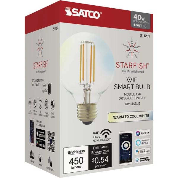 450 Lumens - LED Smart Bulb - Clear G25 Globe Filament - 4.5 Watt - Tunable White - 2700-5000 Kelvin 1 450 Lumens - LED Smart Bulb - Clear G25 Globe Filament - 4.5 Watt - Tunable White - 2700-5000 Kelvin